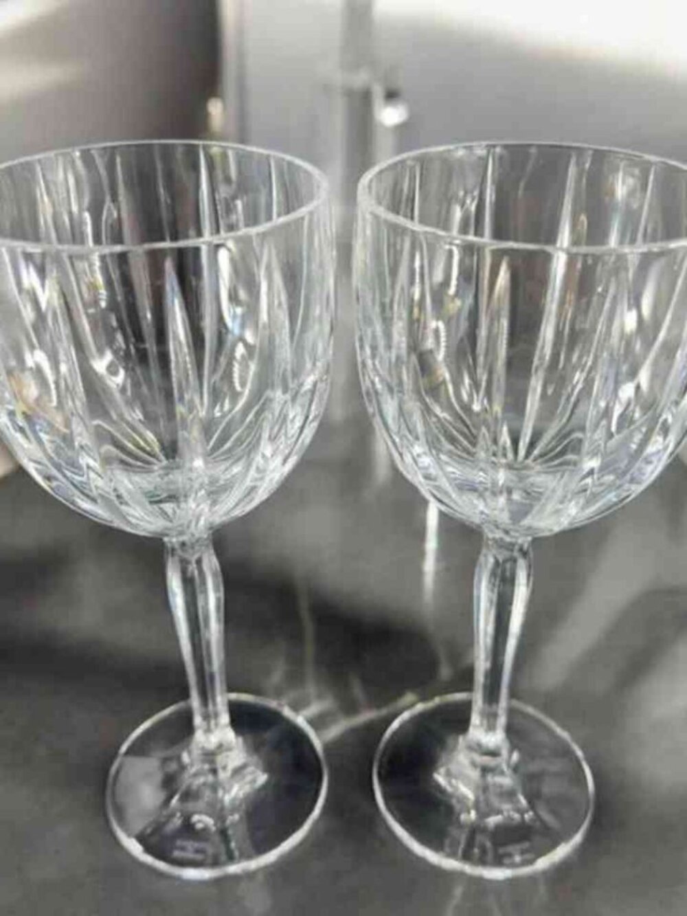 Vintage Cut Crystal Stemmed Wine Goblets Vertical Faceted Glass Pair